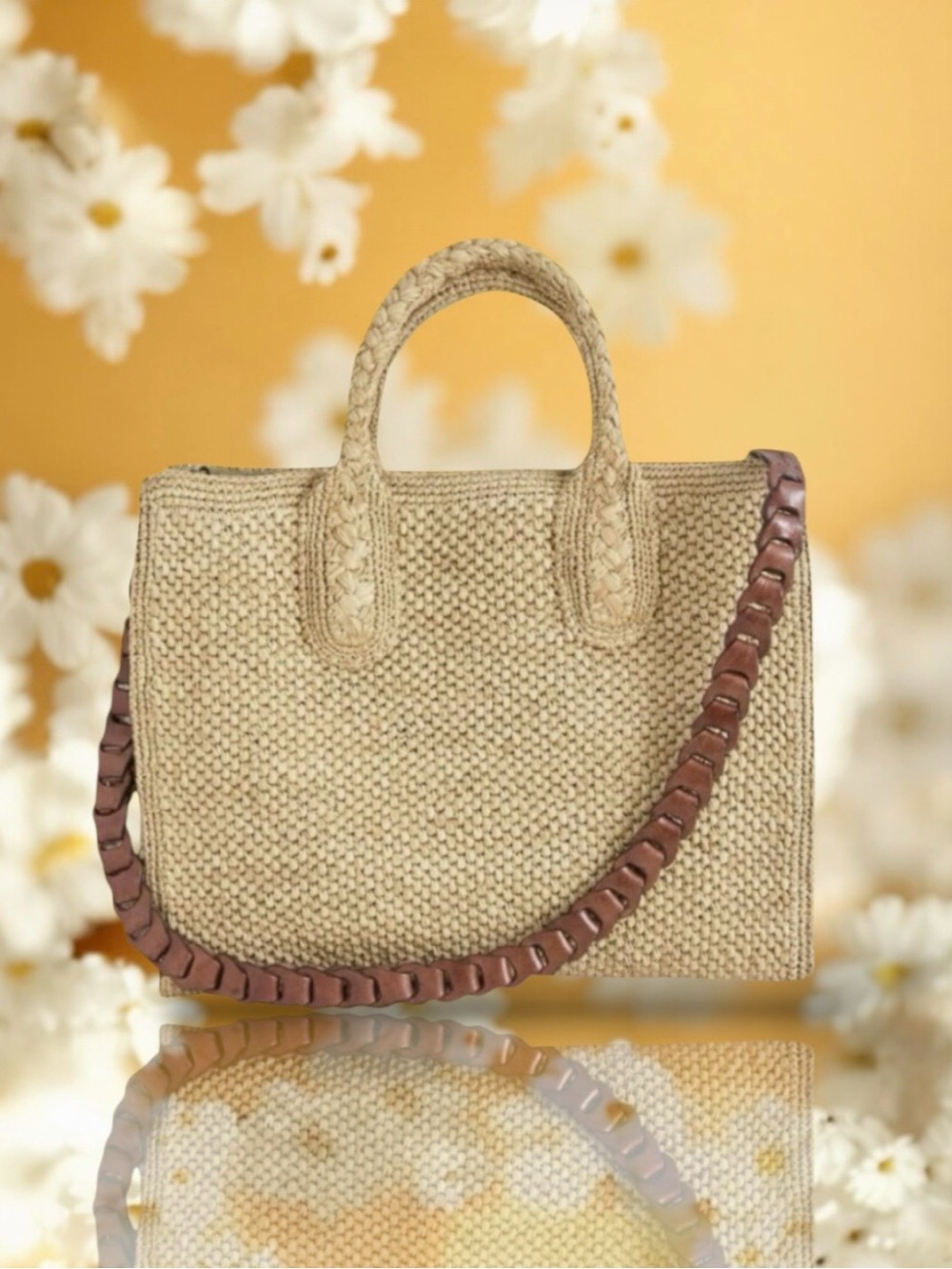 🆕💗IBELIV RAFFIA Tote Bag Top Handles +  Removable Braided Brown Leather Strap